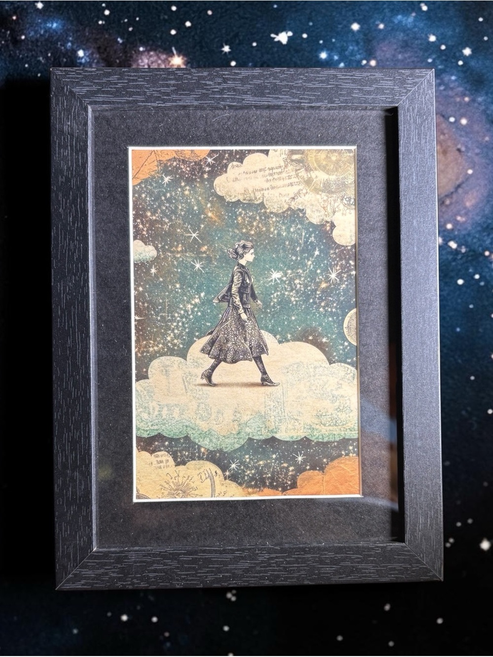 Celestial Woman Framed Art 5x7 Vintage Cosmic Cloud Stars Decor